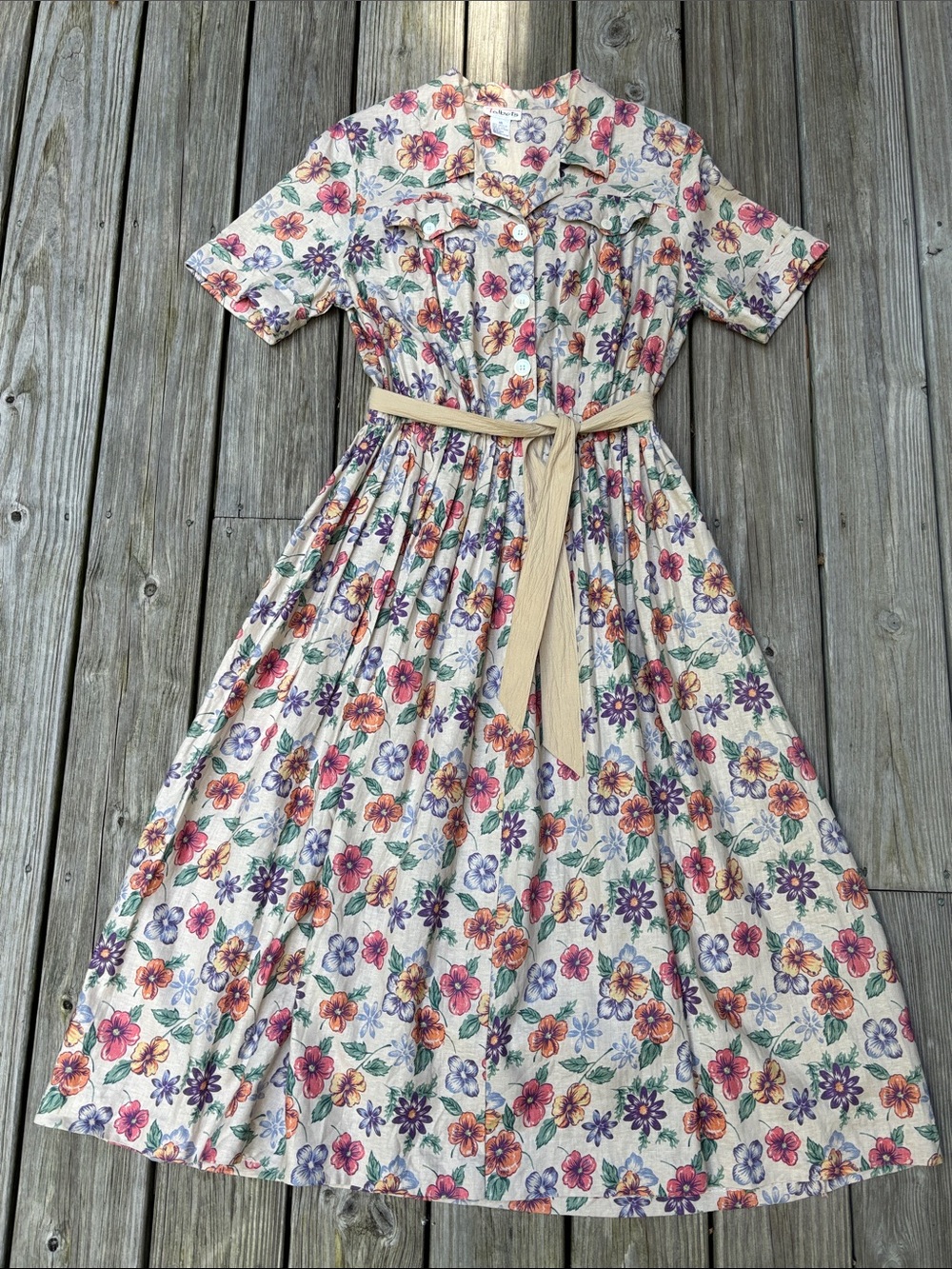 VTG 90s Talbots Linen Floral Button-up Belted Midi Dress Teacher Office Size 14